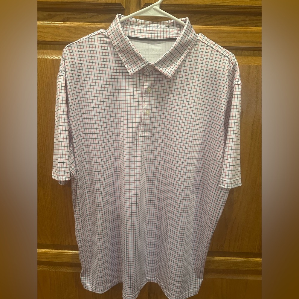 Maelreg Men’s Performance Golf Polo Shirt Size XL White with Red Blue Pinstripes